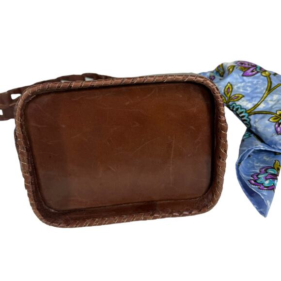 Vintage Brown Leather Shoulder Bag Woven Strap Floral Scarf Boho Classic Casual - Picture 5 of 10